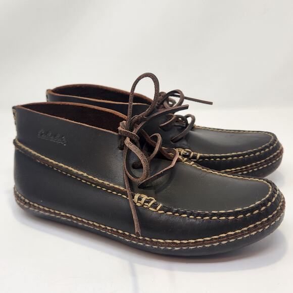 Cabelas Men Brown Leather Chukka Moccasin Ankle Boots Size 7 Lace Up Stitching - Picture 1 of 11